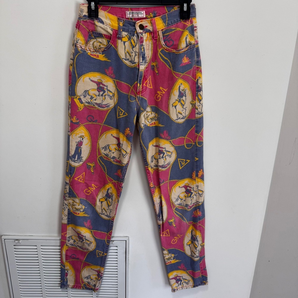 Rare Guess Vintage Western Rodeo Print Jeans Pink Blue size 29 High Rise Cotton